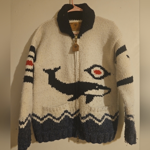 Canadian Sweater Company Intarsia Wool Zip Cardigan Jacket Orca Whale Beige Blue - Picture 1 of 10
